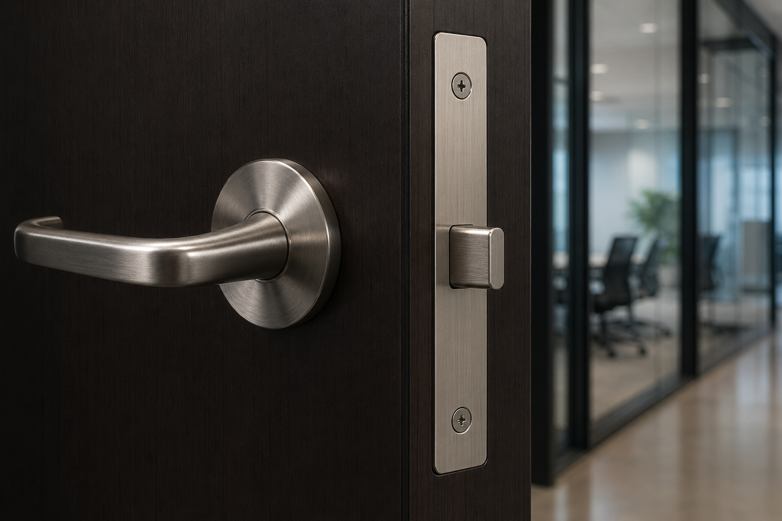 Close-up of commercial door hardware on a dark office door